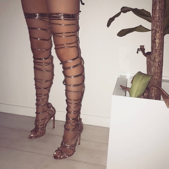 Simi London Shoes - Rose gold snake skin thigh high lace up sandals